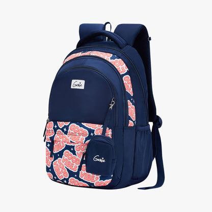 Genie Vibes Backpack for Girls, 17" Cute, Colourful Bags, Water Resistant and Lightweight, 3 Compartment with Happy Pouch, 27 Liters, Nylon Twill