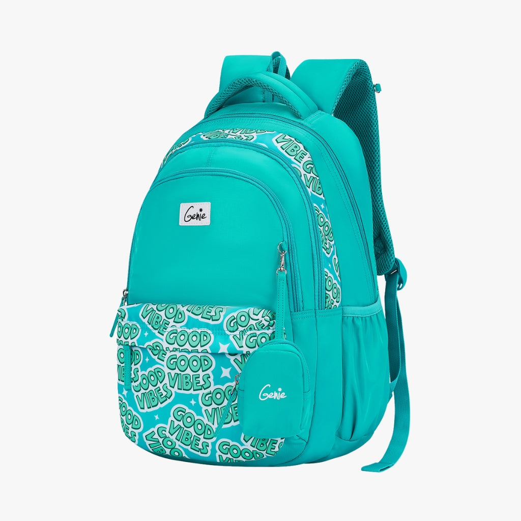 Genie Vibes Backpack for Girls, 17" Cute, Colourful Bags, Water Resistant and Lightweight, 3 Compartment with Happy Pouch, 27 Liters, Nylon Twill