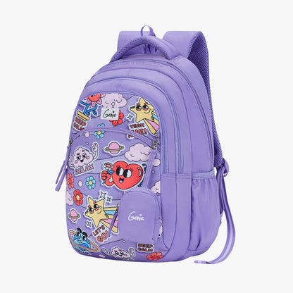 Genie Pearl Backpack for Girls, 17" Cute, Colourful Bags, Water Resistant and Lightweight, 3 Compartment with Happy Pouch, 27 Liters, Nylon Twill, Purple