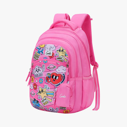 Genie Pearl Backpack for Girls, 17" Cute, Colourful Bags, Water Resistant and Lightweight, 3 Compartment with Happy Pouch, 27 Liters, Nylon Twill, Purple