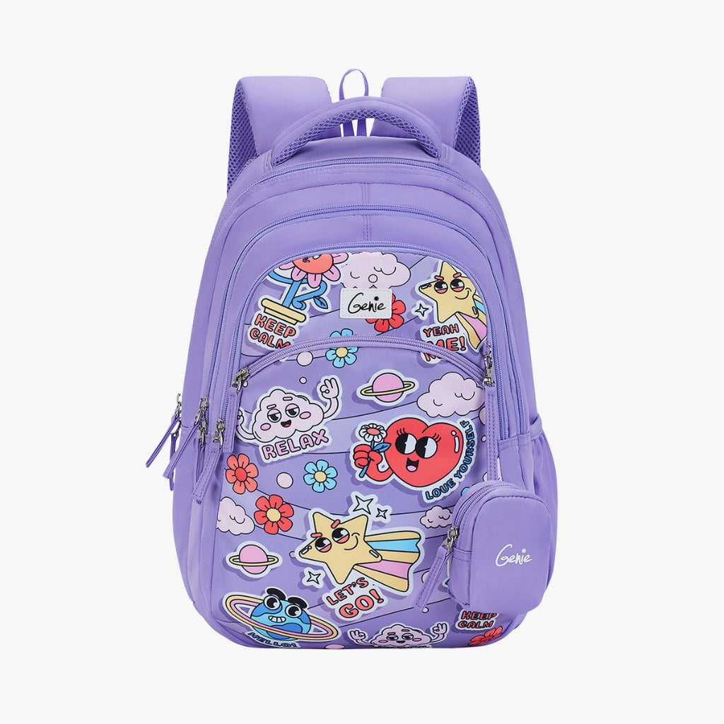 Genie Pearl Backpack for Girls, 17" Cute, Colourful Bags, Water Resistant and Lightweight, 3 Compartment with Happy Pouch, 27 Liters, Nylon Twill, Purple