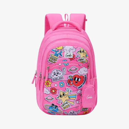 Genie Pearl Backpack for Girls, 17" Cute, Colourful Bags, Water Resistant and Lightweight, 3 Compartment with Happy Pouch, 27 Liters, Nylon Twill, Purple