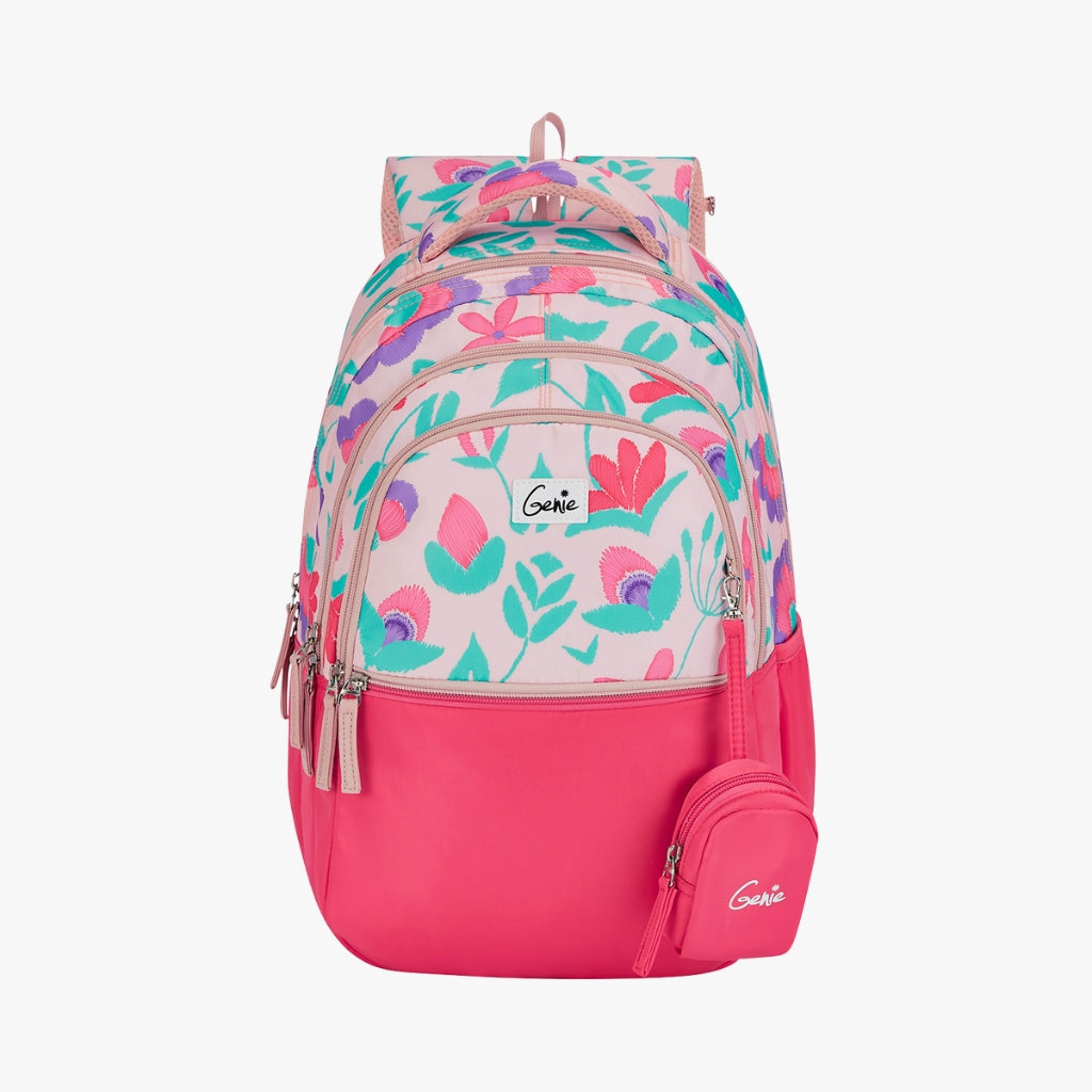 Genie Violet Backpack for Girls, 17" Cute, Colourful Bags, Water Resistant and Lightweight, 3 Compartment with Happy Pouch, 27 Liters, Nylon