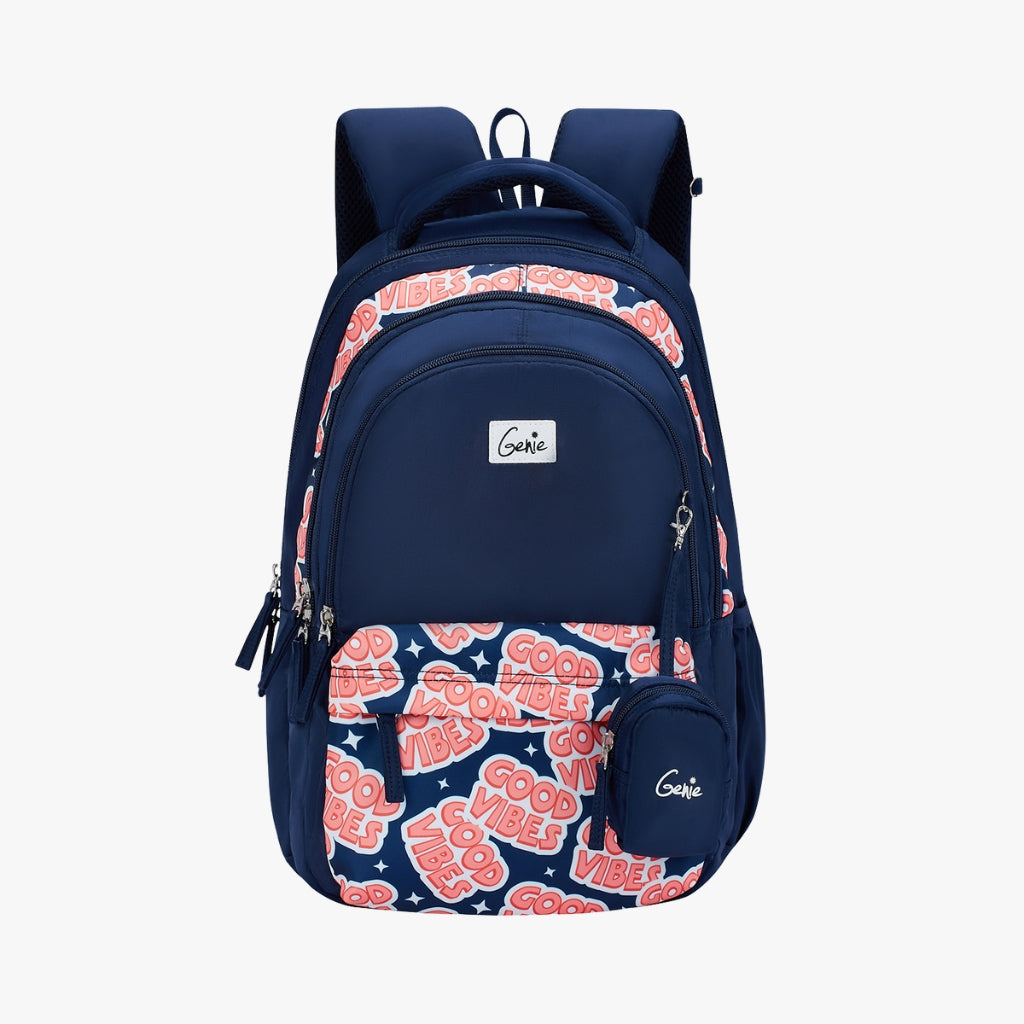 Genie Vibes Backpack for Girls, 17" Cute, Colourful Bags, Water Resistant and Lightweight, 3 Compartment with Happy Pouch, 27 Liters, Nylon Twill