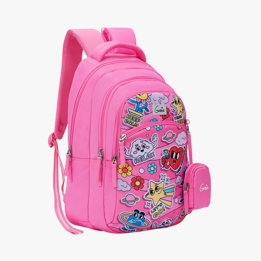 Genie Pearl Backpack for Girls, 17" Cute, Colourful Bags, Water Resistant and Lightweight, 3 Compartment with Happy Pouch, 27 Liters, Nylon Twill, Purple