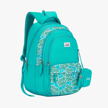 Genie Vibes Backpack for Girls, 17" Cute, Colourful Bags, Water Resistant and Lightweight, 3 Compartment with Happy Pouch, 27 Liters, Nylon Twill