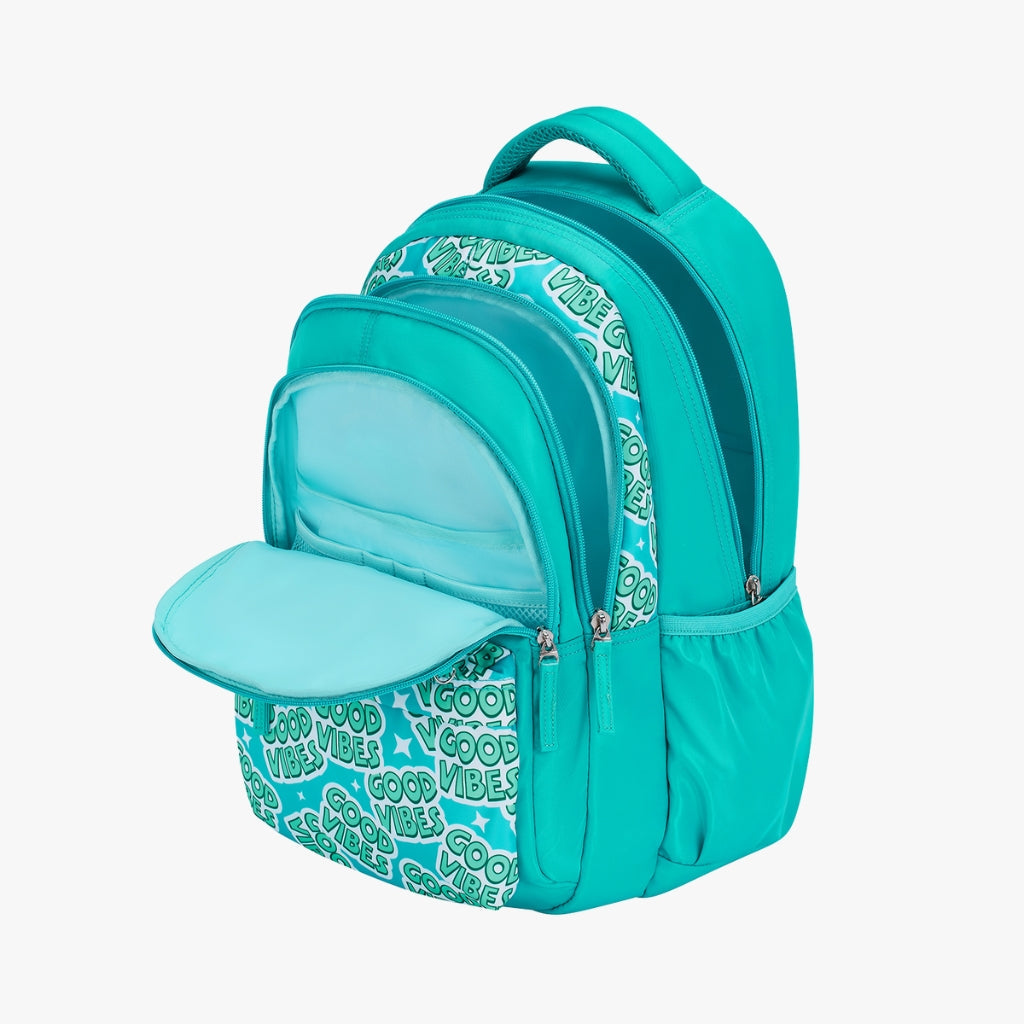 Genie Vibes Backpack for Girls, 17" Cute, Colourful Bags, Water Resistant and Lightweight, 3 Compartment with Happy Pouch, 27 Liters, Nylon Twill