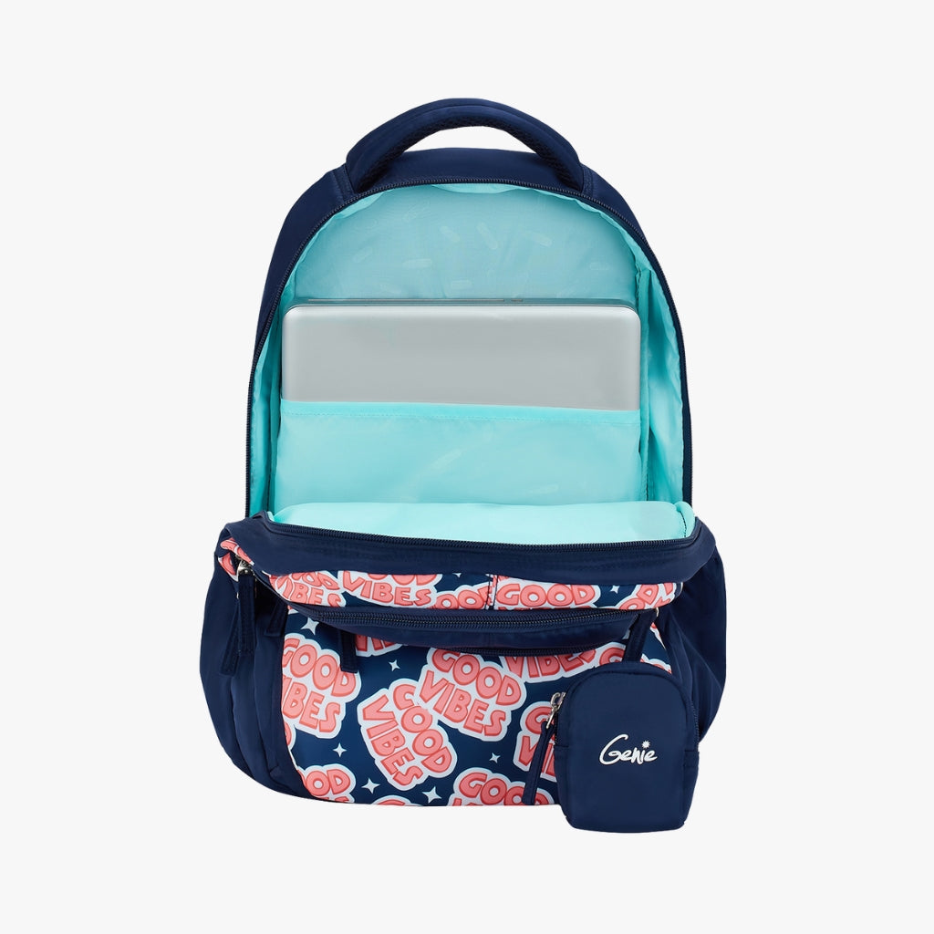 Genie Vibes Backpack for Girls, 17" Cute, Colourful Bags, Water Resistant and Lightweight, 3 Compartment with Happy Pouch, 27 Liters, Nylon Twill