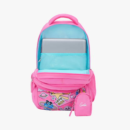 Genie Pearl Backpack for Girls, 17" Cute, Colourful Bags, Water Resistant and Lightweight, 3 Compartment with Happy Pouch, 27 Liters, Nylon Twill, Purple