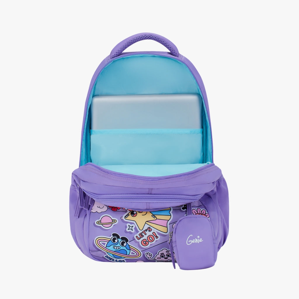 Genie Pearl Backpack for Girls, 17" Cute, Colourful Bags, Water Resistant and Lightweight, 3 Compartment with Happy Pouch, 27 Liters, Nylon Twill, Purple