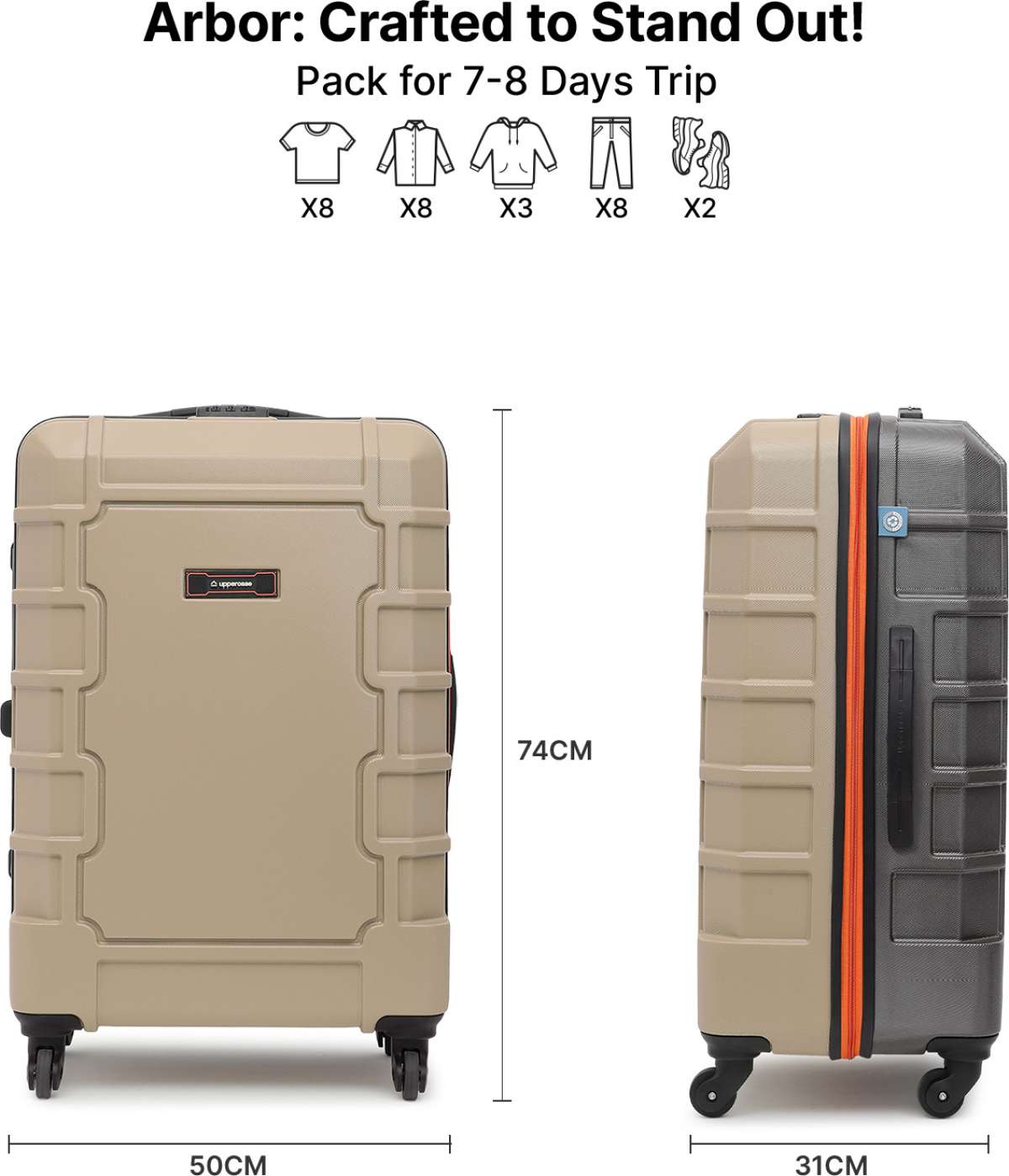 Uppercase Arbor Large Hardsided Trolley Bag, Scratch proof Surface, Combination Lock Check-in Suitcase 8 Wheels