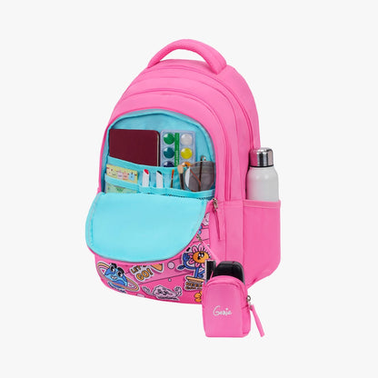 Genie Pearl Backpack for Girls, 17" Cute, Colourful Bags, Water Resistant and Lightweight, 3 Compartment with Happy Pouch, 27 Liters, Nylon Twill, Purple