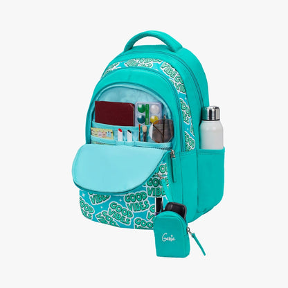 Genie Vibes Backpack for Girls, 17" Cute, Colourful Bags, Water Resistant and Lightweight, 3 Compartment with Happy Pouch, 27 Liters, Nylon Twill