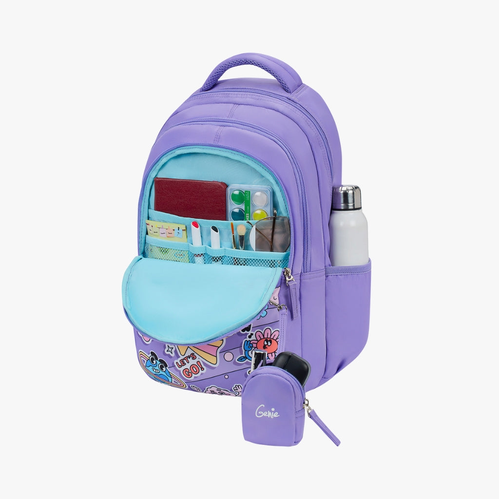 Genie Pearl Backpack for Girls, 17" Cute, Colourful Bags, Water Resistant and Lightweight, 3 Compartment with Happy Pouch, 27 Liters, Nylon Twill, Purple