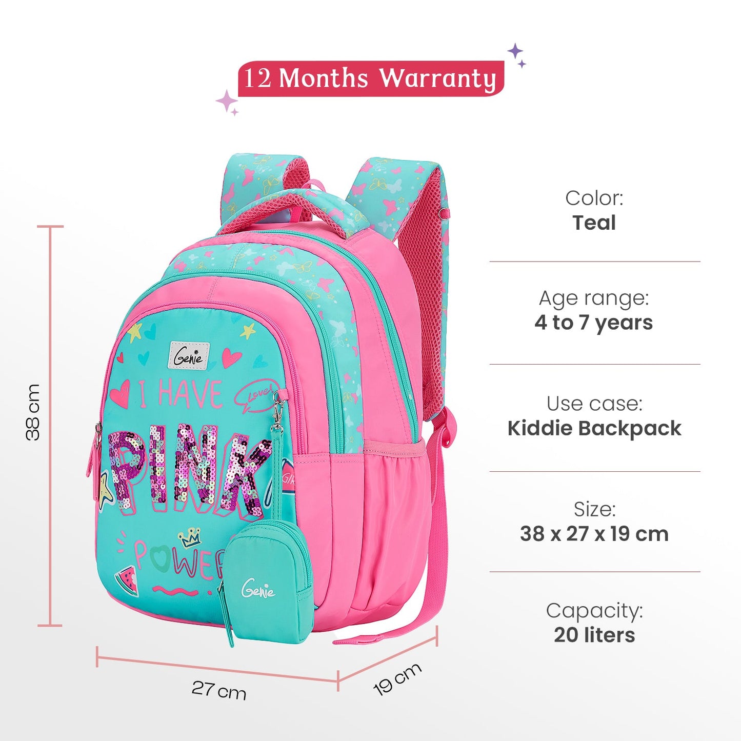 Genie Pinkpower Small Backpack for Kids - Teal